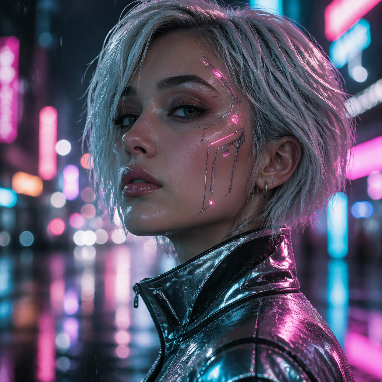 A close-up portrait of a woman with short silver hair in a rain-soaked cyberpunk city at night. Neon signs in pink and teal reflect off wet surfaces and her metallic jacket. Futuristic face implants glow softly beneath the skin. Shot with a wide-aperture lens, bokeh of city lights in the background.